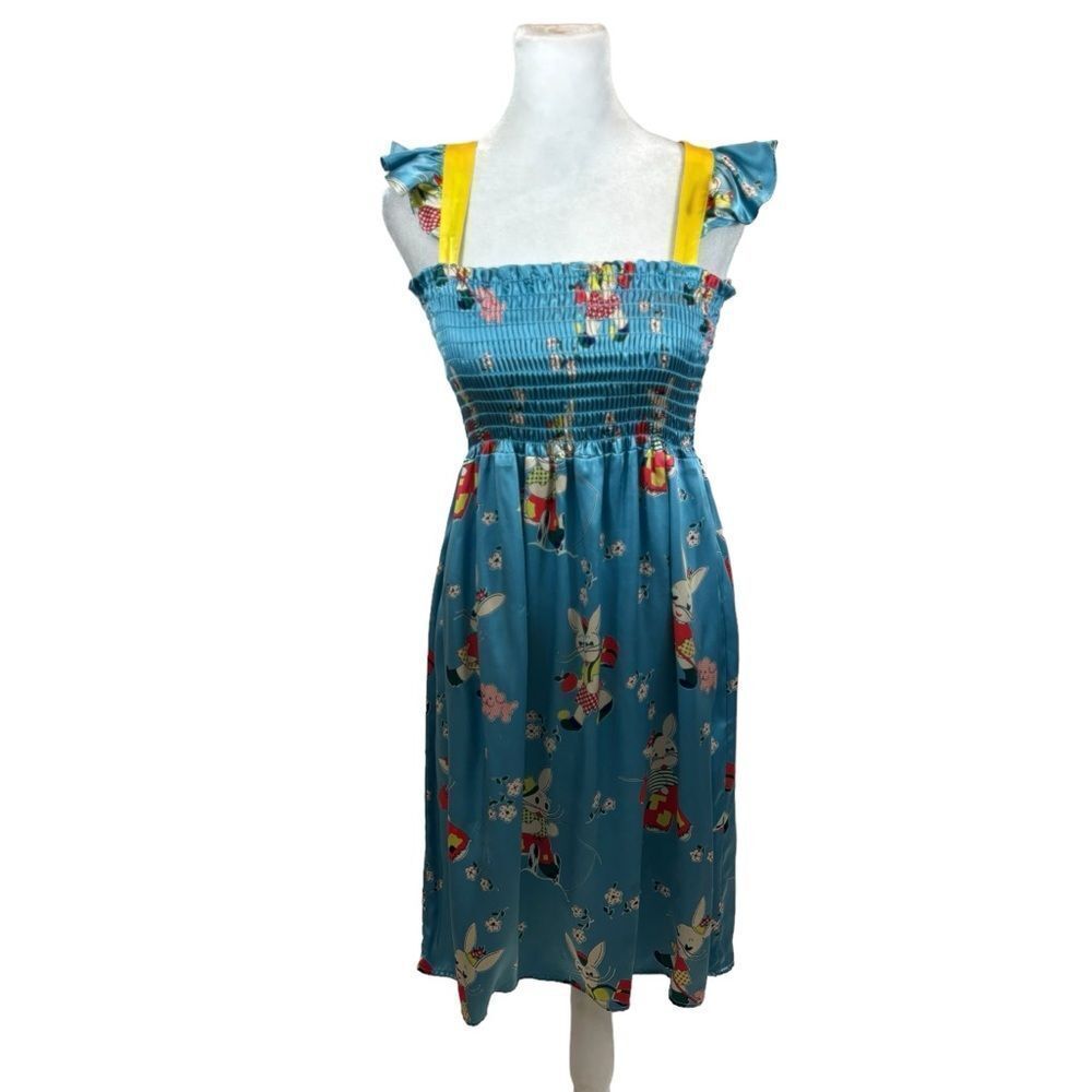 Rare Voom Brand 100% Silk Cartoon Rabbit Print Square Neck Dress Size Medium - Picture 1 of 16